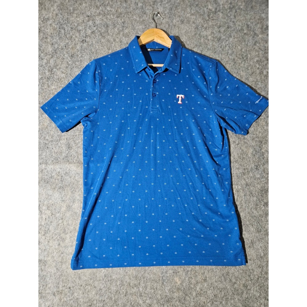 Travis Mathew Polo Shirt Mens Large Blue Texas Rangers MLB Chevron Print